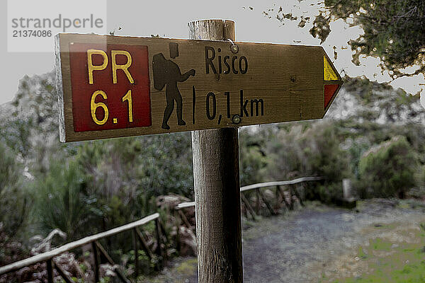 Hiking trail marker to Risco Waterfall on the island of Madeira  Portugal; Calheta  Madeira  Portugal