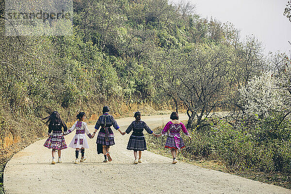 Five young women walk hand in hand down a country road in Vietnam; Ban Nam Nghiep  Muong La  Son La  Vietnam