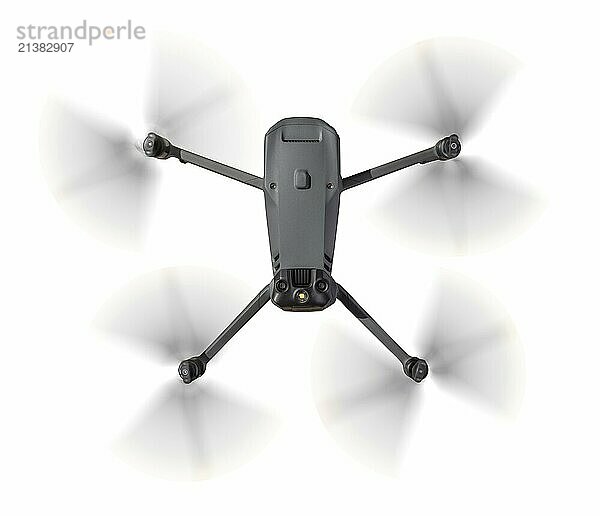 Top view of a drone quadcopter UAV in flight isolated on a white background