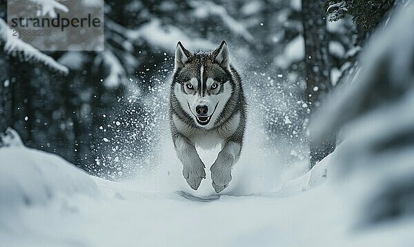 A dog is running through the snow with its mouth open and teeth bared. The dog appears to be angry and aggressive AI generated