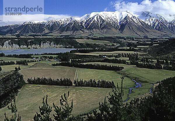 South Canterbury foothills and Southern Alps of New Zealand's South Island near Methven.