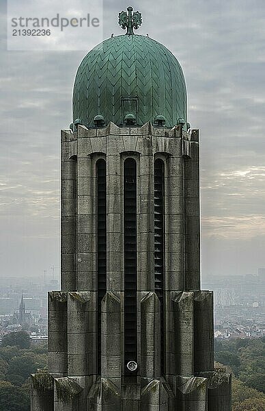 Koekelberg  Brussels Capital Region Belgium  10 23 2019 View over the Art deco cupper tower of the basilica of the Sacred Heart