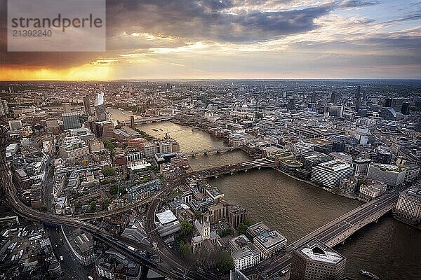 Aerial view of London skyline at sunset  United Kingdom  Europe