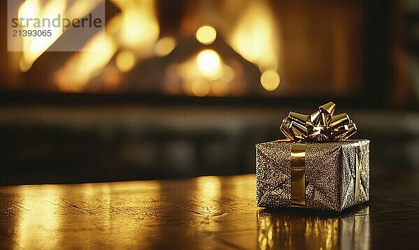 A gold wrapped box sits on a wooden table in front of a fireplace. The box is decorated with a gold bow and he is a gift. The warm glow of the fire and the shiny gold wrapping create a cozy AI generated