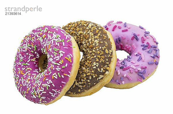 Pink and brown doughnuts. Donut on a white background. Chocolate and berry doughnut. Strawberry and raspberry doughnuts