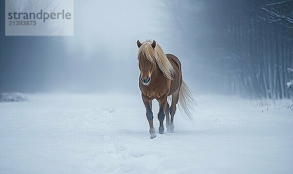 A horse is walking through the snow in a forest. The image has a peaceful and serene mood  as the horse is the only living thing visible in the scene AI generated