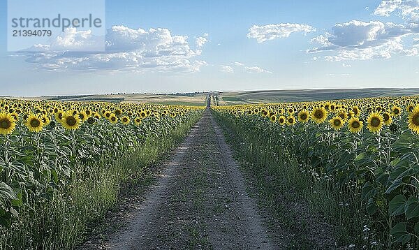 Path leading through sunflower field  tall blooms AI generated