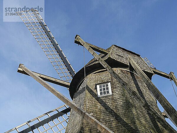 Close-up of an old windmill with clearly visible wooden structures  wüllen  münsterland  deutschlsand