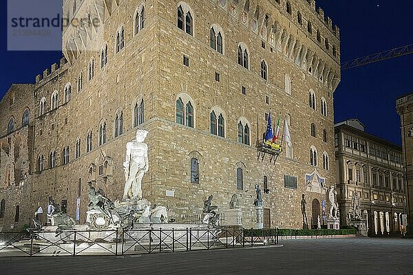 Florence  Italy  Circa June 2021: architecture illuminated by night  Piazza della Signoria  Signoria Square. Urban scene in exterior  nobody  Europe