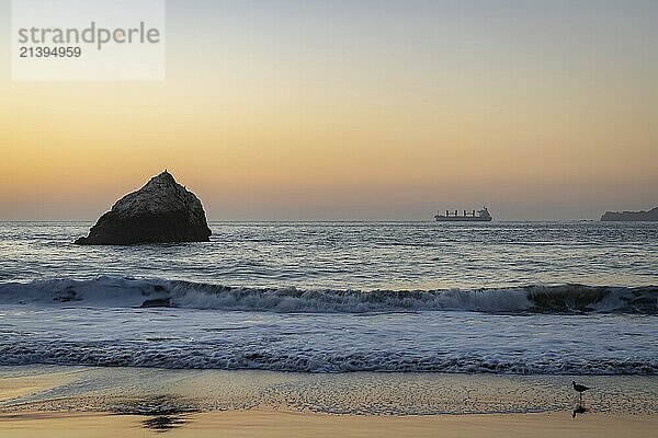 A picture of the sun setting over the Golden Gate strait and Baker Beach  with a cargo ship at the far right