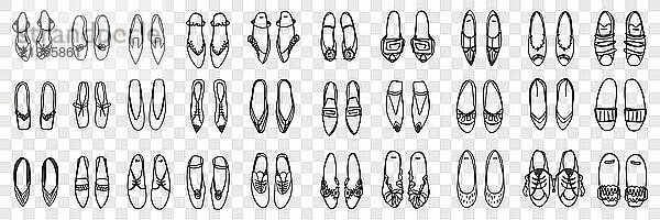 Pairs of feminine shoes doodle set. Collection of hand drawn stylish elegant shoes sandals and sneakers pairs standing in rows isolated on transparent background. Illustration of footwear