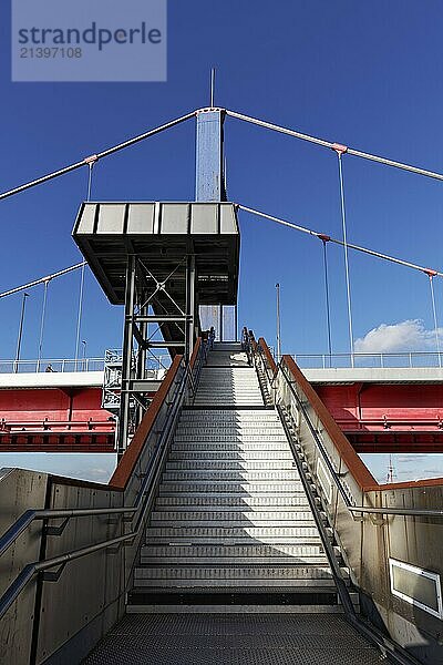 Haniel Steps with viewing platform on the Friedrich Ebert Bridge  Rhine Bridge  access to Mercator Island  Ruhrort  Duisburg  North Rhine-Westphalia  Germany  Europe