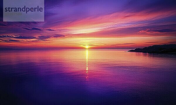 Deep purple and orange sunset  calm ocean reflecting the vibrant sky AI generated