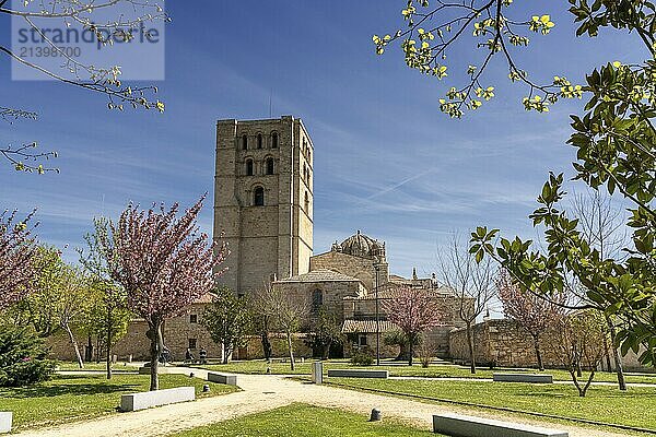 Zamora  Spain  11 April  2024: view of the Zamora Cathedral and the Baltasar Lobo Gardens in springtime colours  Europe