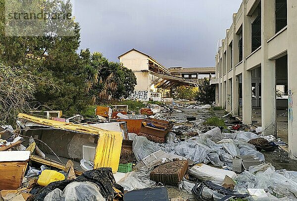 Limassol  Cyprus  January 20 2020: Home and industrial trash outdoors polluting the environment. Environmental pollution  recycling  Europe