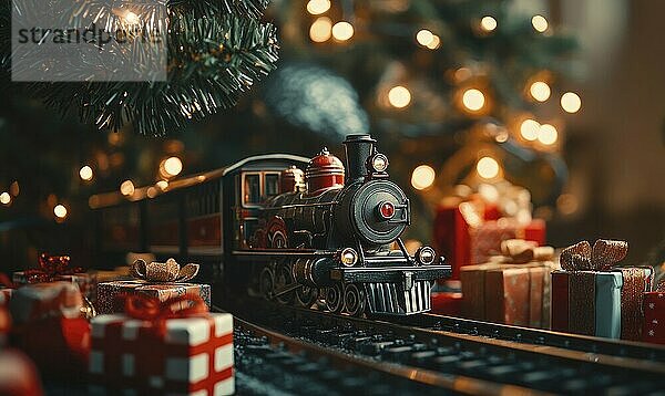 A train is on a track next to a Christmas tree. The train is surrounded by presents  which are wrapped in red and white paper. The scene is festive and joyful  with the train AI generated