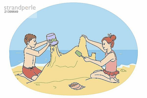 Happy children building sand castle on beach on summer holidays. Smiling little kids play with sandcastle enjoy summertime vacation on seacoast. Seaside fun concept. Vector illustration