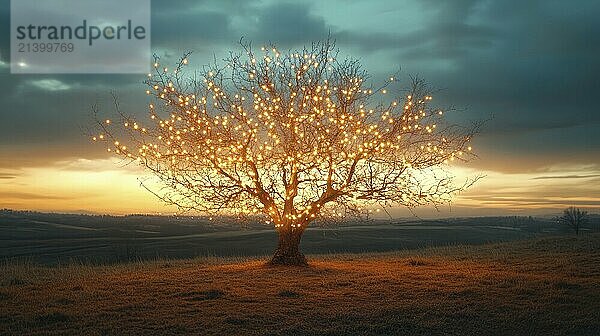 Bare autumn tree covered in glowing lights  sunset sky in the background AI generated