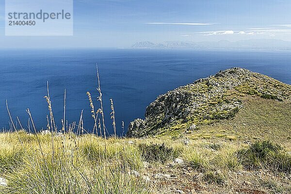 View from atop of cliffs at the ocean on the island of Sicily  Italy  Europe