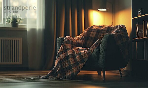 A cozy armchair with a plaid blanket in a dimly lit room  creating a warm and inviting atmosphere AI generated