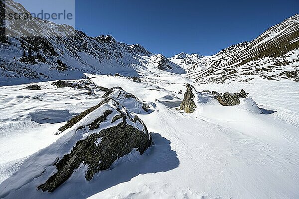 Snow-covered mountain landscape in winter in the Madritsch Valley  Ortler Alps  Vinschgau Valley  Italy  Europe