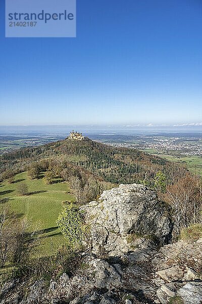 View from the Zeller Horn vantage point on the Albtrauf over the Zollernalb with Hohenzollern Castle  Zollernalbkreis  Baden-Württemberg  Germany  Europe