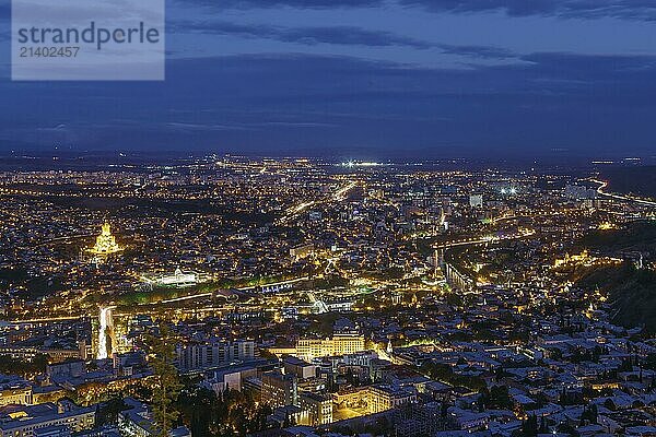 Panoramic view of Tbilisi from Mtatsminda mountain in evening  Georgia  Asia