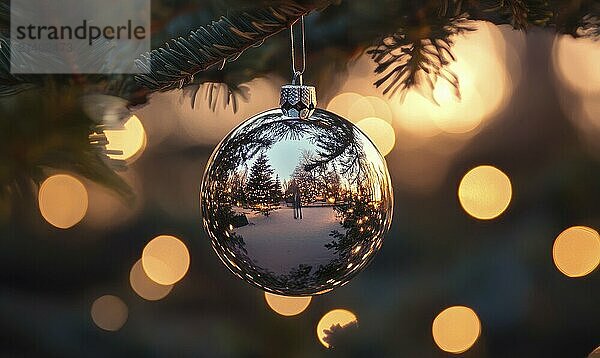 A silver Christmas ornament hanging from a tree. The reflection of the tree and the ornament can be seen in the water AI generated