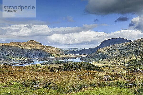 Landscape from Ladies View is a scenic viewpoint on the Ring of Kerry tourist route. Ireland