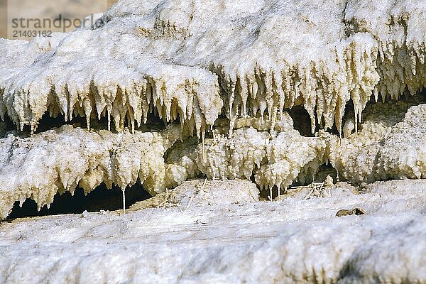 Natural salt stalactites crystals at the Dead Sea  lowest point on earth