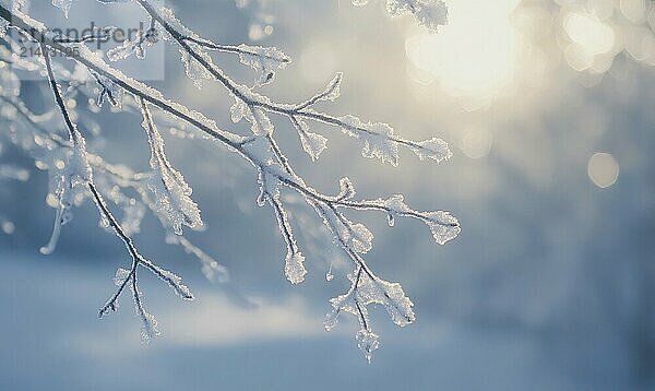 A branch covered in snow and ice. The branch is in the snow and the sun is shining on it AI generated