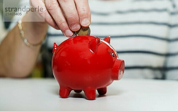 Female hand putting euro in money pig Female hand putting euro in money pig  saving money for later times