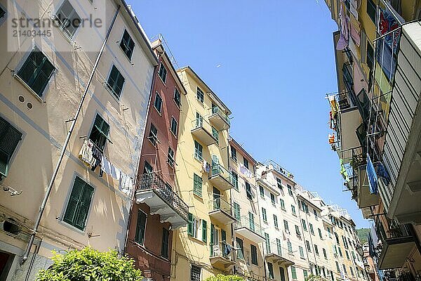 Photographic documentation of the colourful  central street of Riomaggiore Liguria Italy