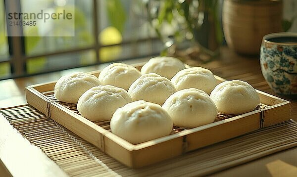 A tray of dumplings sits on a table next to a cup. The dumplings are white and arranged in a square pattern. Concept of comfort and warmth  as the dumplings are a popular AI generated