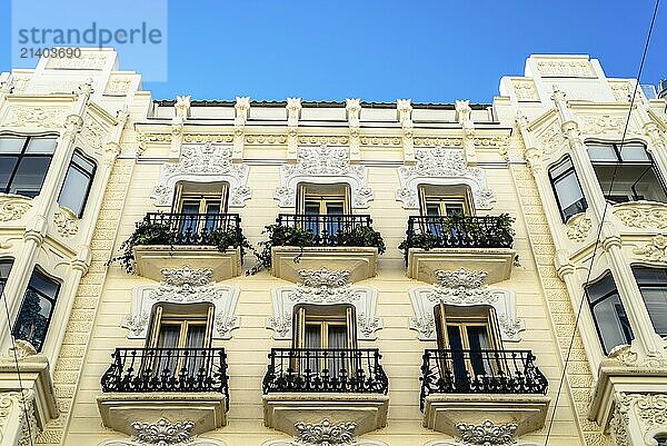 Madrid  Spain  October 11  2020: Old residential building with iron balconies in the downtown of Madrid  Europe