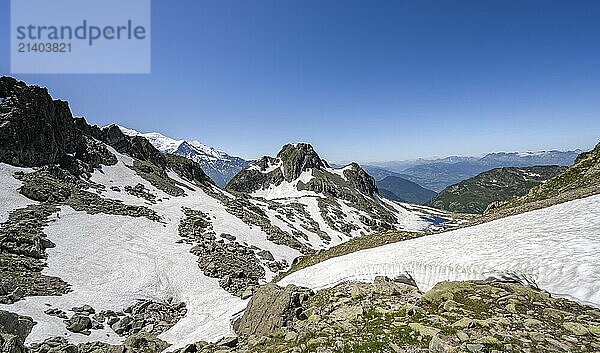 Mountain landscape with snowfields  Aiguilles Rouges  Chamonix-Mont-Blanc  Haute-Savoie  France  Europe