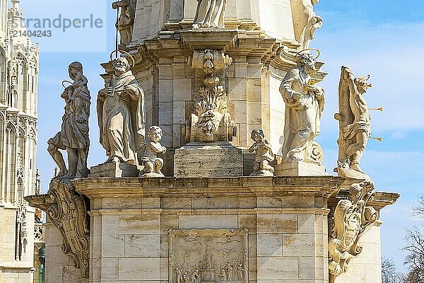 Sculptures of Holy Trinity column outside of Matthias Church in Budapest  Hungary  Europe