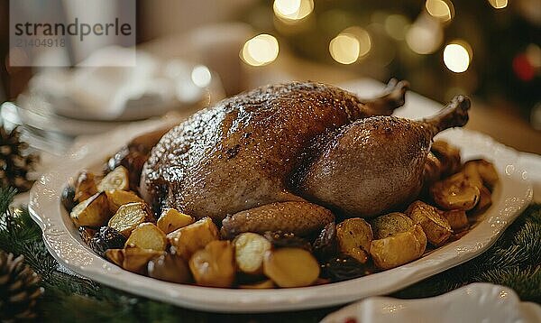 A large roasted turkey is surrounded by a variety of vegetables  including potatoes and carrots. The dish is set on a white plate and is ready to be served. Concept of warmth and abundance AI generated