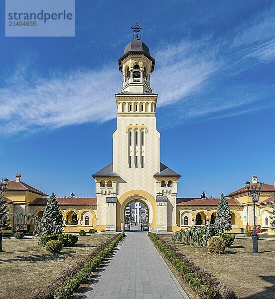 Beautiful view to the Coronation Reunification Cathedral Bell Tower in Alba Iulia city  Romania. A Bell Tower on a sunny day in Alba Iulia  Romania  Europe