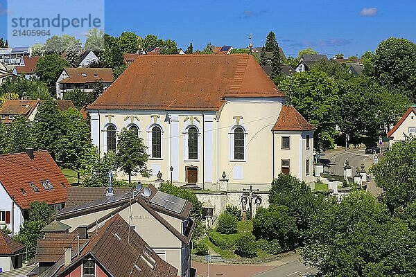 View of Haigerloch  St Anna's Catholic Church  Roman Catholic pilgrimage church  rococo hall church  place of worship  sacred architecture  houses  roofs  rocky town  baroque gem  Haigerloch  Zollernalbkreis  Baden-Württemberg  Germany  Europe