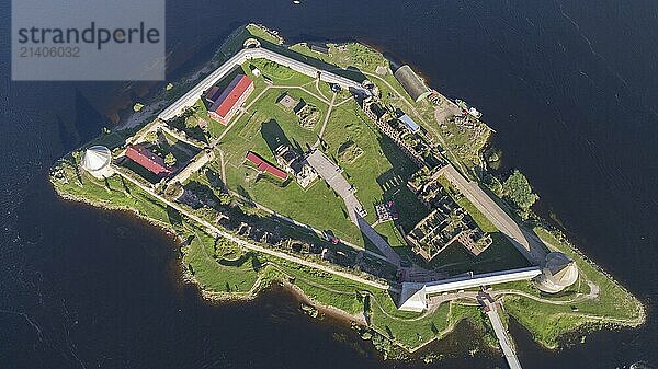 Aerial top view on fortress Oreshek on island in Neva river near Shlisselburg town  Leningrad region  Russia  Europe