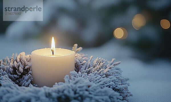 A candle is lit in a wreath of pine needles. The candle is surrounded by snow and the wreath is on a snowy ground. The scene is peaceful and serene  with the candle providing a warm and inviting glow AI generated