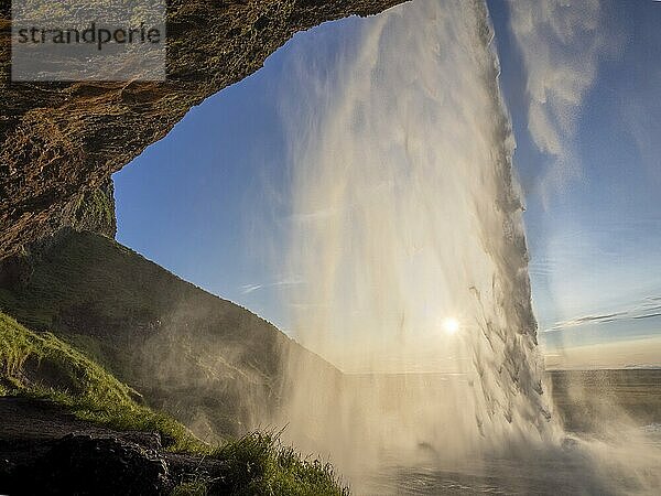 Seljalandsfoss waterfall  backlight shot  South Iceland  Iceland  Europe