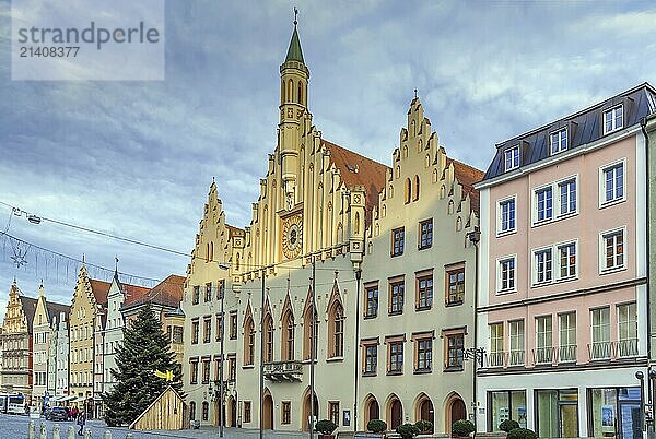 Historical houses and town hall on Altstadt street in Landshut  Germany  Europe