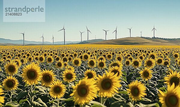 Vast sunflower fields  wind turbines in the distance AI generated