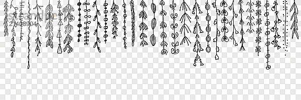 Hanging decorative lines with leaves doodle set. Collection of hand drawn hanging from above branches with elegant decorative leaves isolated on transparent background. Illustration of tree leaf