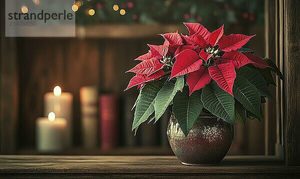 A red poinsettia plant sits in a vase on a wooden table. The table is surrounded by books and candles  creating a cozy and warm atmosphere AI generated