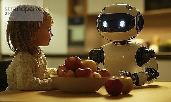 Robot and child sitting at kitchen table  bowl of apples AI generated