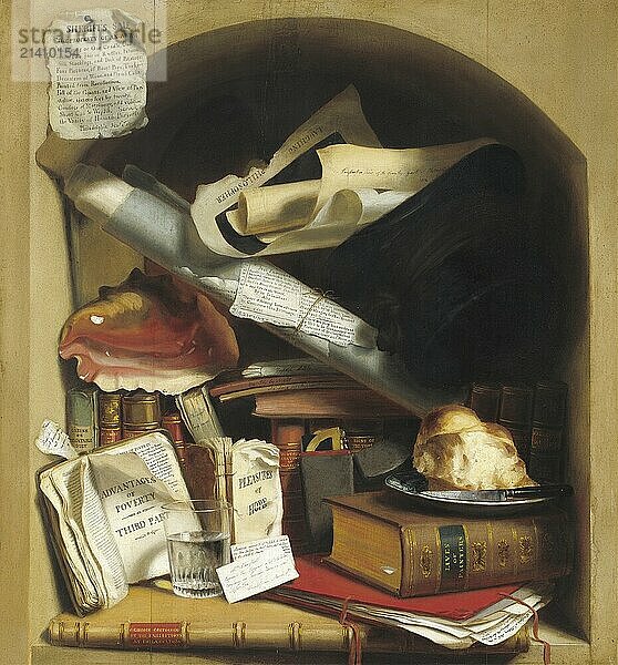 Poor artist's cupboard  chaos of papers  books and notes  Painting by Charles Bird King (1785  1862)  c. 1840  Historic  digitally restored reproduction from a 19th century original  Record date not stated