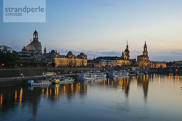 Panorama over the Elbe  from left to right: Academy of Fine Arts  Bruehl's Terrace  Sekundogenitur  Hausmannsturm of the castle  Staendehaus  Court Cathedral  Semper Opera House and Augustus Bridge  Dresden  Free State of Saxony  Germany  Europe